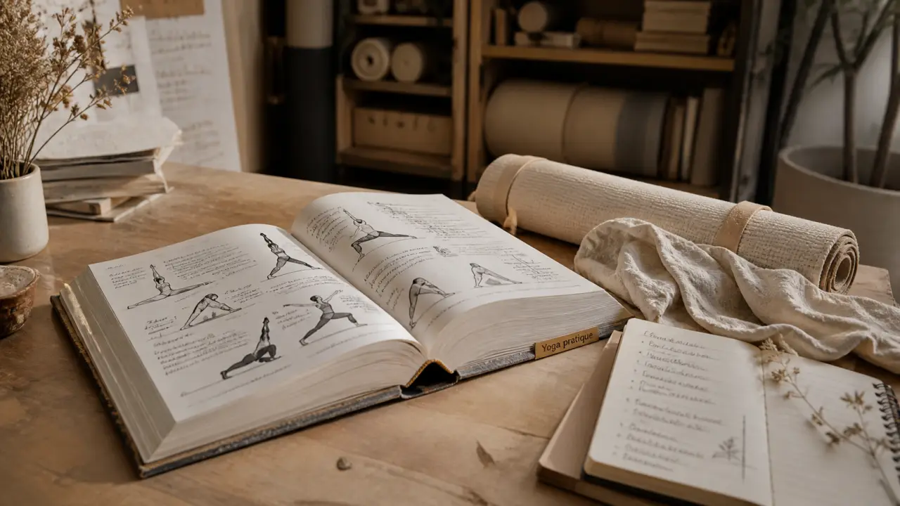 Livre yoga ouvert : 250 postures et 52 séances sur table