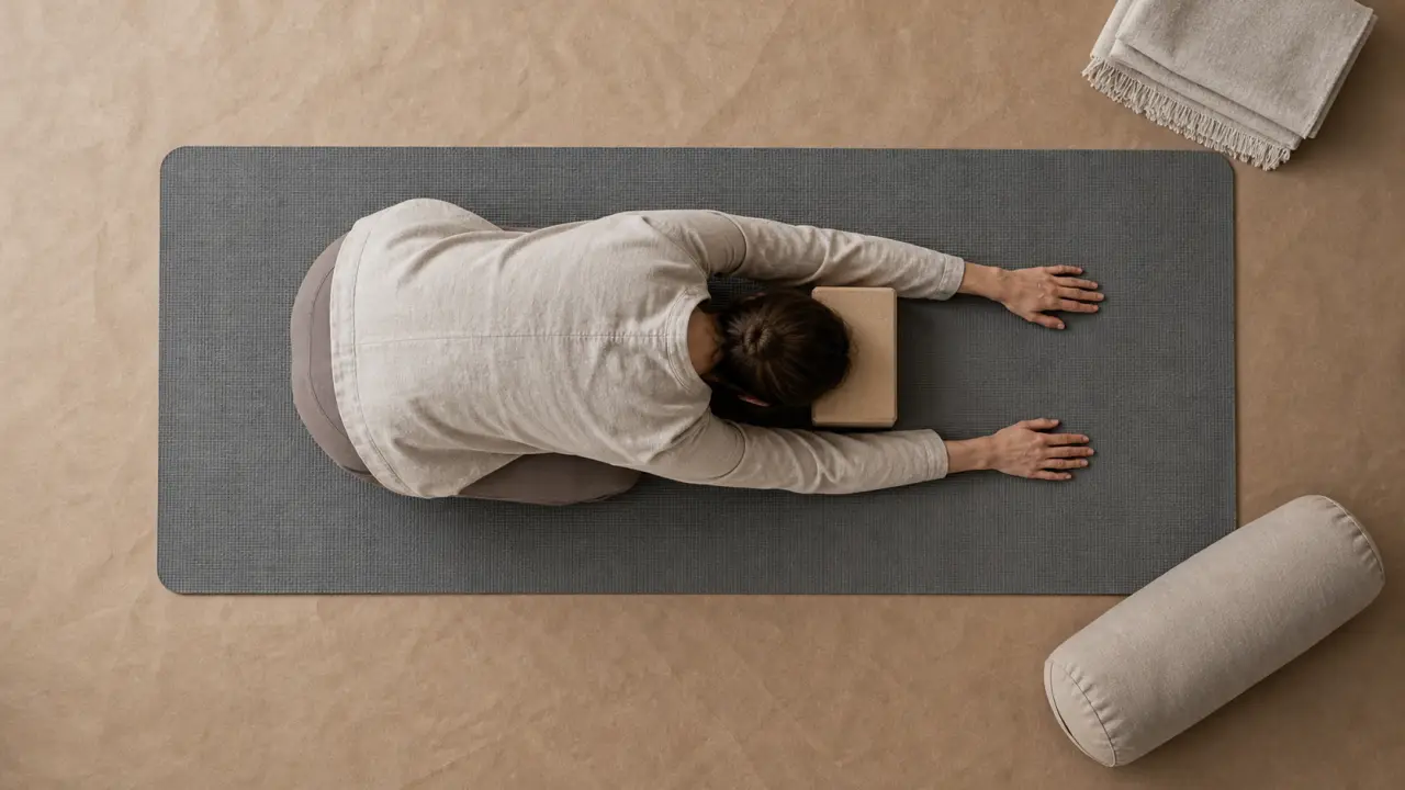 Position de l’enfant yoga : front au sol sur brique, genoux souples