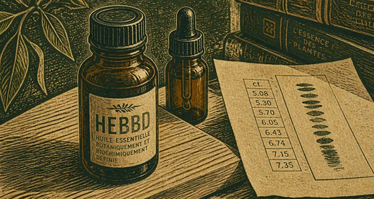 Flacon de chémotypées huiles essentielles avec label de sécurité et santé