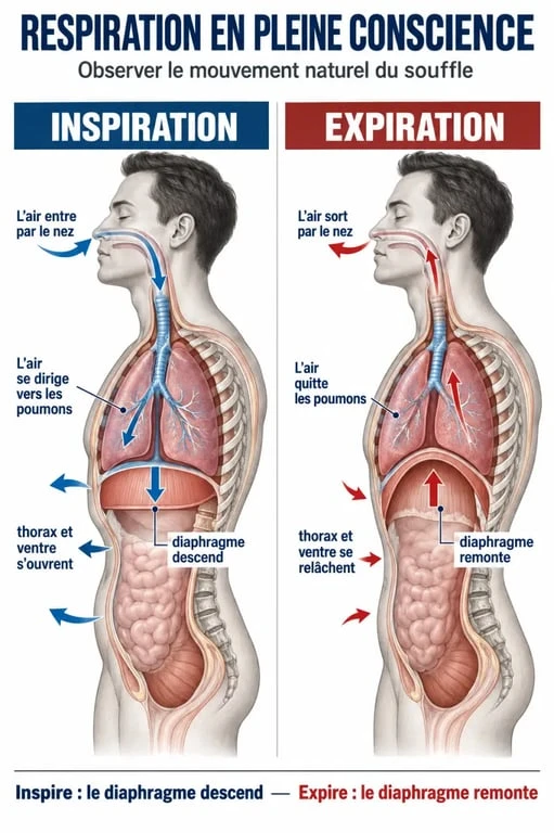 Schéma du diaphragme pendant la respiration pleine conscience