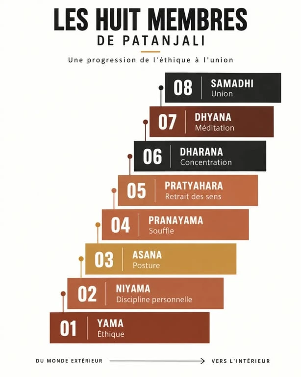 Infographie sur la philosophie du yoga et les huit membres de Patanjali