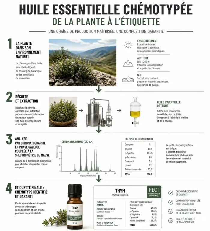 Schéma explicatif du processus de définition d'une huile essentielle chémotypée
