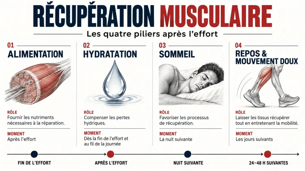 Infographie sur les quatre piliers de la récupération musculaire et la période de 24 à 48 heures après l'effort