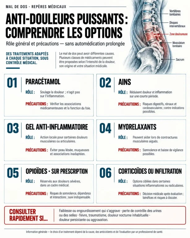 Infographie sur l’anti-douleur puissant pour mal de dos et les précautions selon les traitements