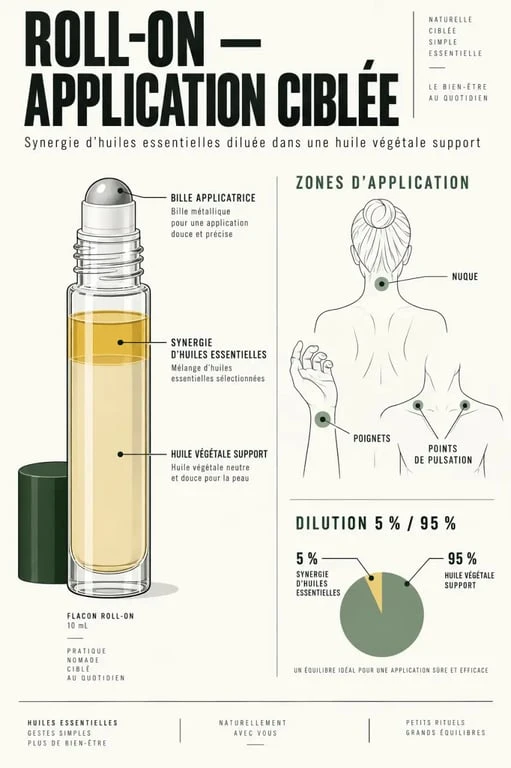 Roll on huiles essentielles avec bille applicatrice et zones d'application sur le corps