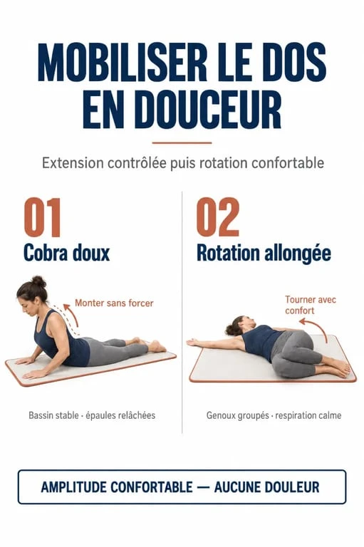 Mouvements pour mal de dos : cobra doux et rotation allongée expliqués en images