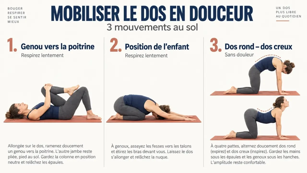 Mouvements pour mal de dos au sol : genou vers la poitrine, position de l’enfant et dos rond dos creux