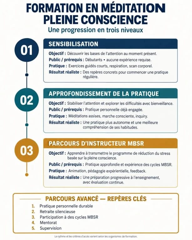 Infographie des niveaux d'une formation en méditation pleine conscience et du parcours instructeur MBSR