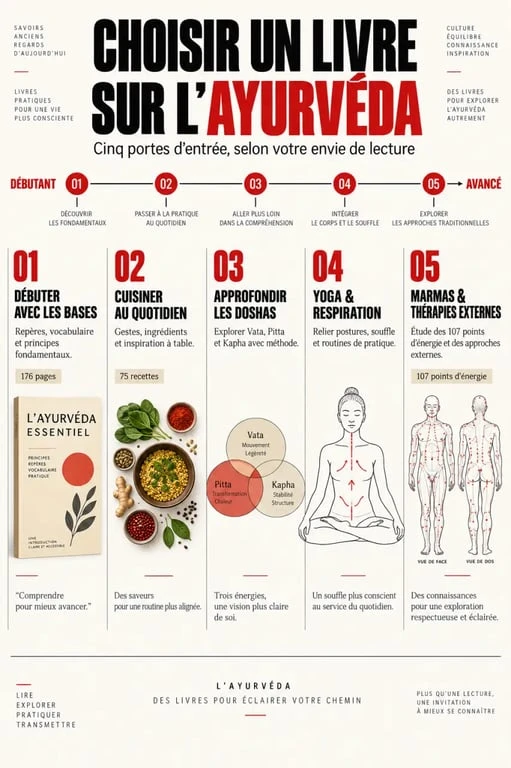 Infographie pour choisir un livre sur l’Ayurvéda selon son niveau et son objectif