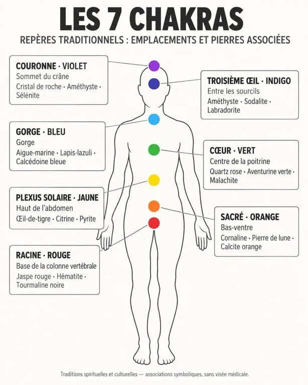 Pierre pour les chakras : infographie des sept chakras et des pierres associées