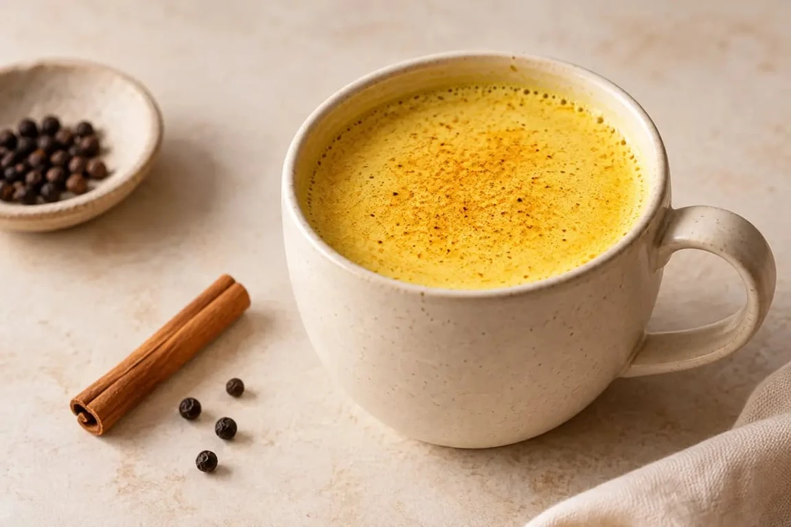 Recette lait d'or ayurveda servi dans une tasse avec curcuma, cannelle et poivre noir