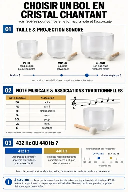 Infographie sur les bols cristal chantants, tailles, notes, chakras et fréquences 432 Hz et 440 Hz