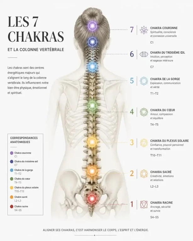 Schéma des 7 chakras et leurs rôles le long de la colonne vertébrale