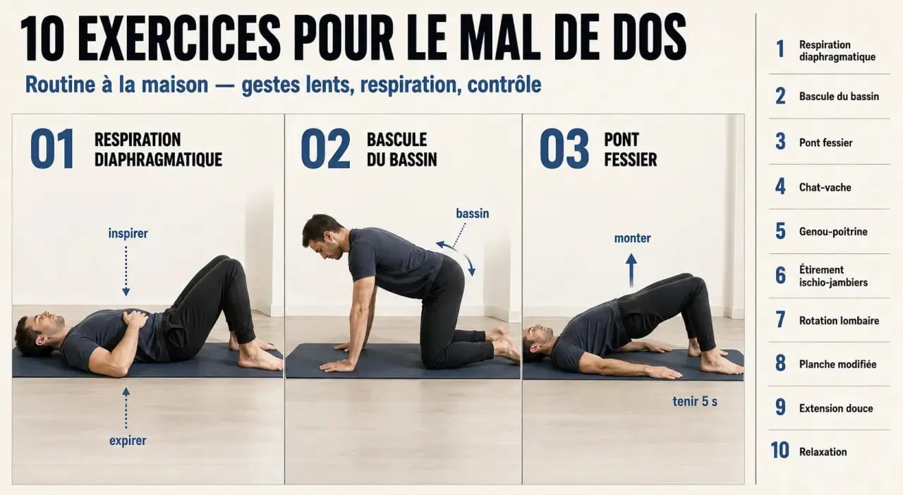 10 exercices pour le mal de dos à la maison : routine illustrée de respiration, mobilité et renforcement