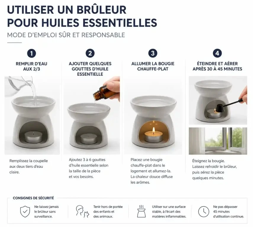 Utilisation sécurisée des huiles essentielles à bruler dans un brûleur avec eau, bougie et aération