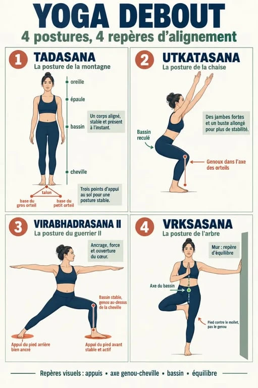 Illustration pédagogique des postures de yoga debout Tadasana, Utkatasana, Guerrier II et Vrksasana avec repères d’alignement