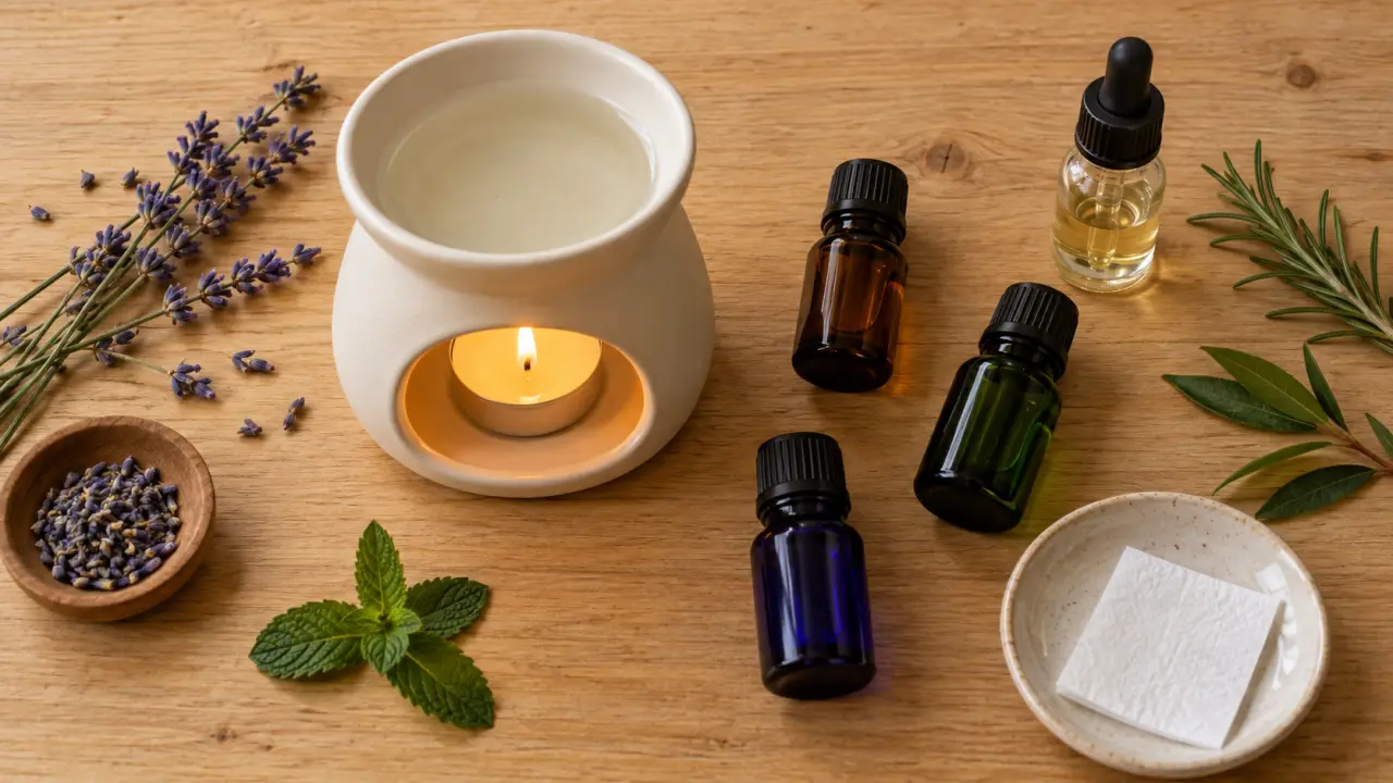 Huiles essentielles à bruler : brûleur à eau avec huiles et bougie chauffe-plat