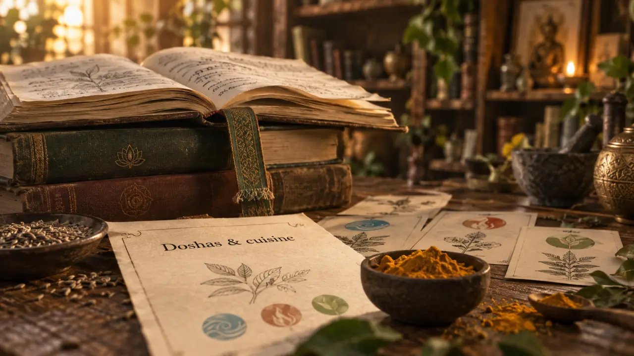 Livre sur l ayurveda : doshas et recettes sur table