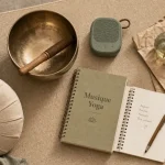 Musique yoga : bol chantant et diffuseur sur tapis de yoga