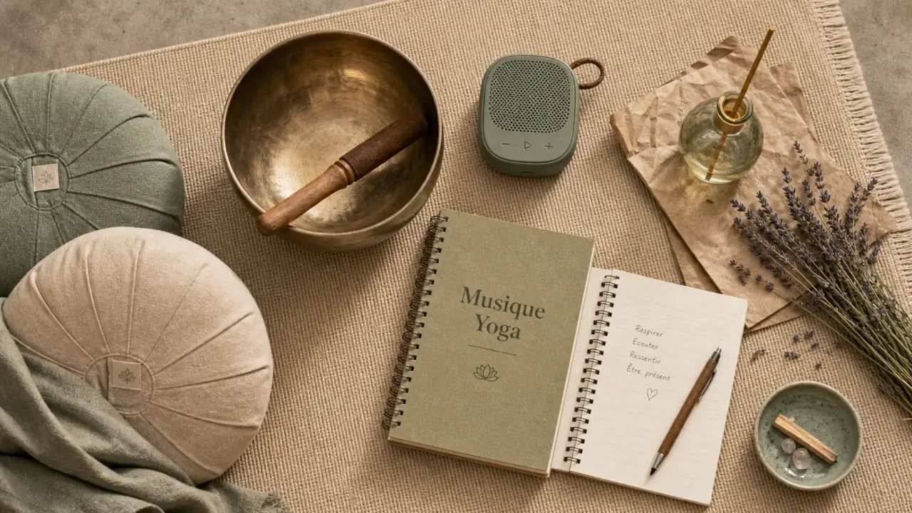 Musique yoga : bol chantant et diffuseur sur tapis de yoga