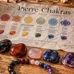 Pierre pour les chakras : pierres roulées par chakra (quartz rose, améthyste, lapis-lazuli, hématite, jaspe rouge).
