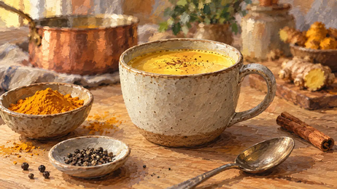 Recette lait d’or ayurveda : tasse de lait d’or crémeux, curcuma et cannelle