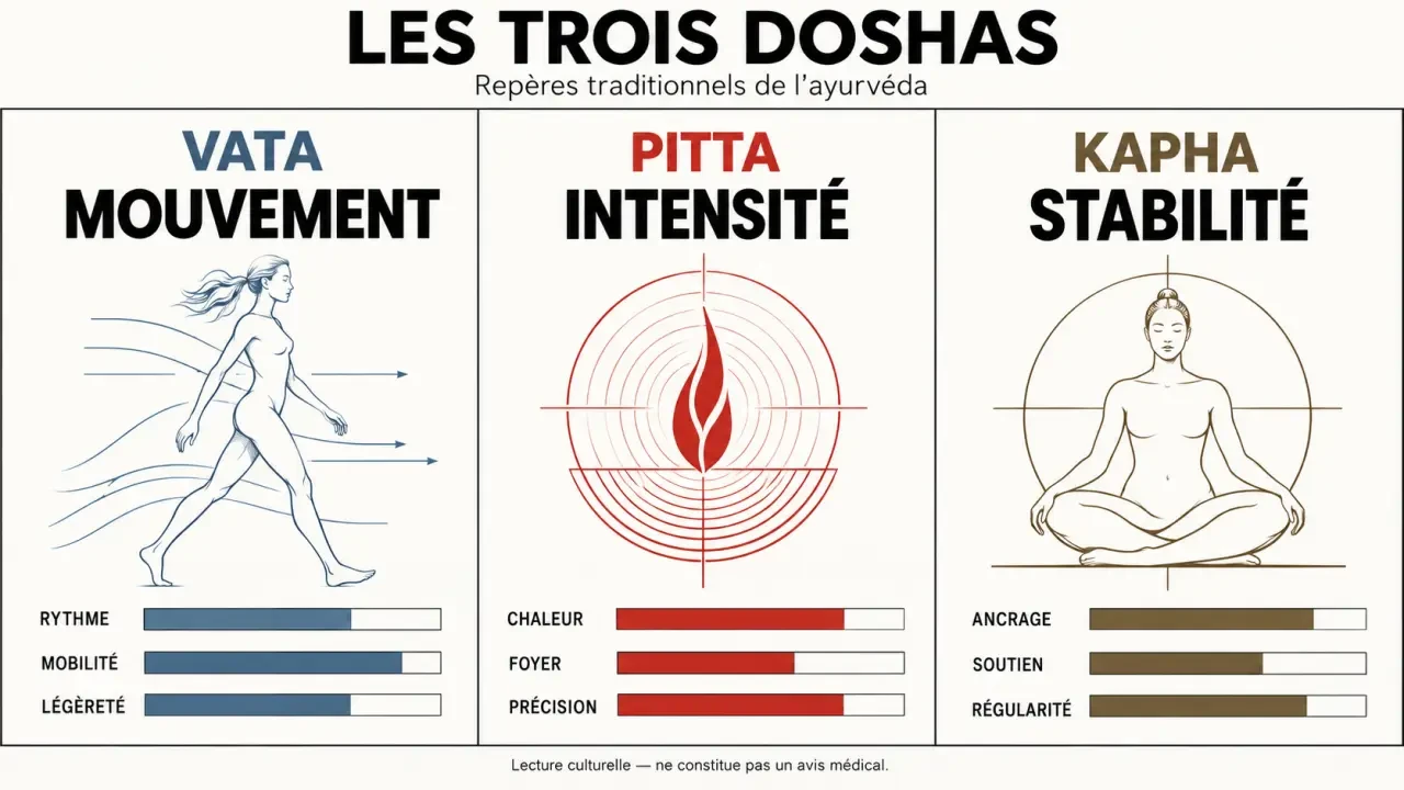 Test ayurveda : infographie des profils Vata, Pitta et Kapha
