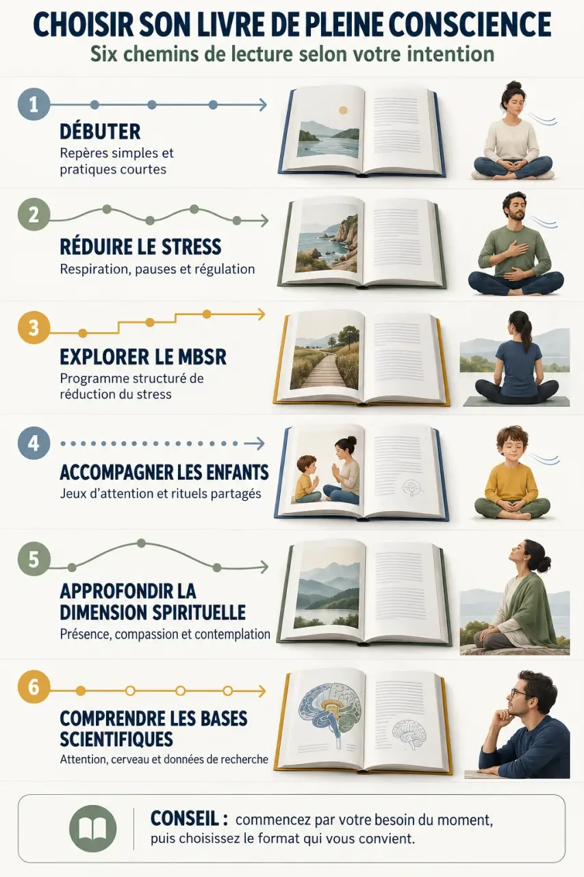 Infographie pour choisir un livre en pleine conscience selon son objectif et son niveau