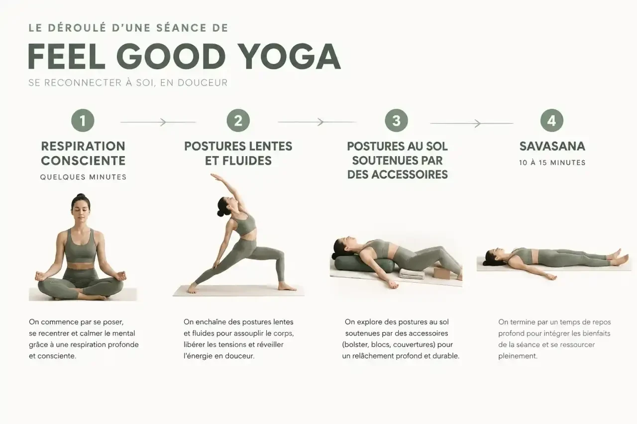 Déroulé d'une séance de feel good yoga, du souffle au savasana, en quatre étapes