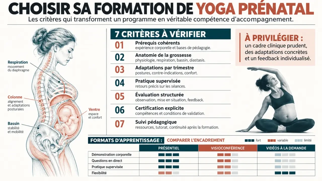 Infographie des critères pour choisir une formation de yoga prénatal