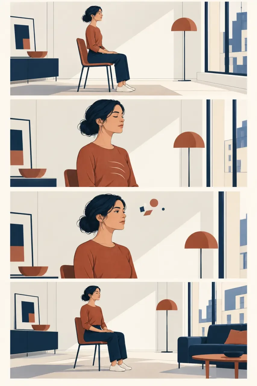 Illustration d'une pratique pleine conscience en cinq étapes, assis sur une chaise et attentif au souffle