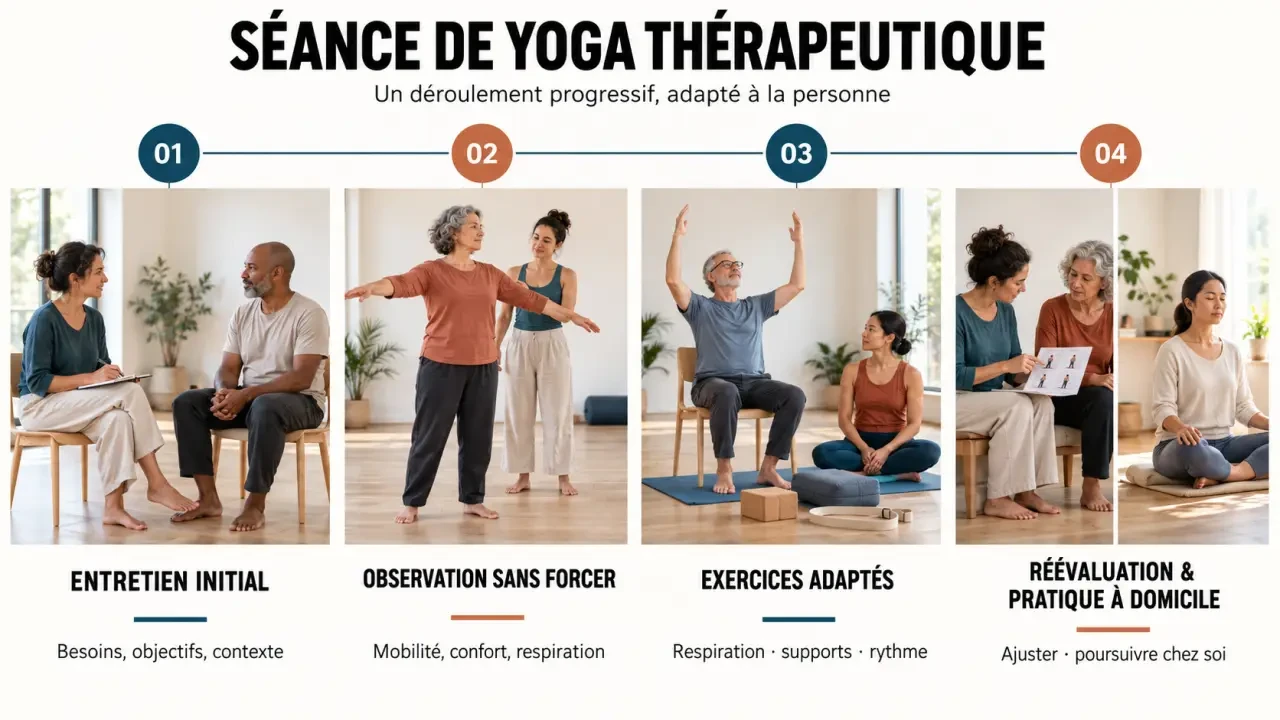 Déroulement d'une séance de yoga thérapeutique en quatre étapes, de l'entretien à la pratique adaptée