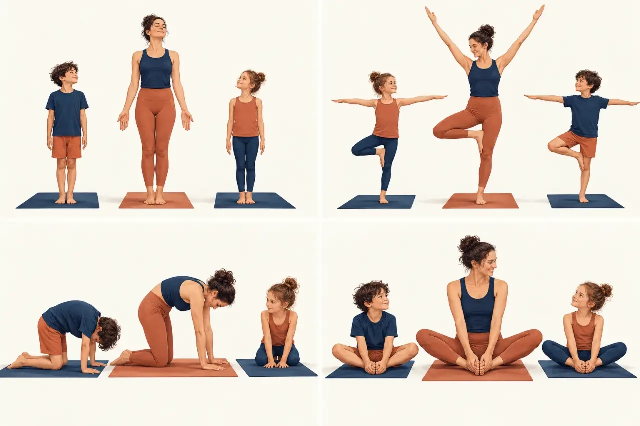 Yoga pour enfants avec un adulte, postures de l’arbre, du chat et du papillon