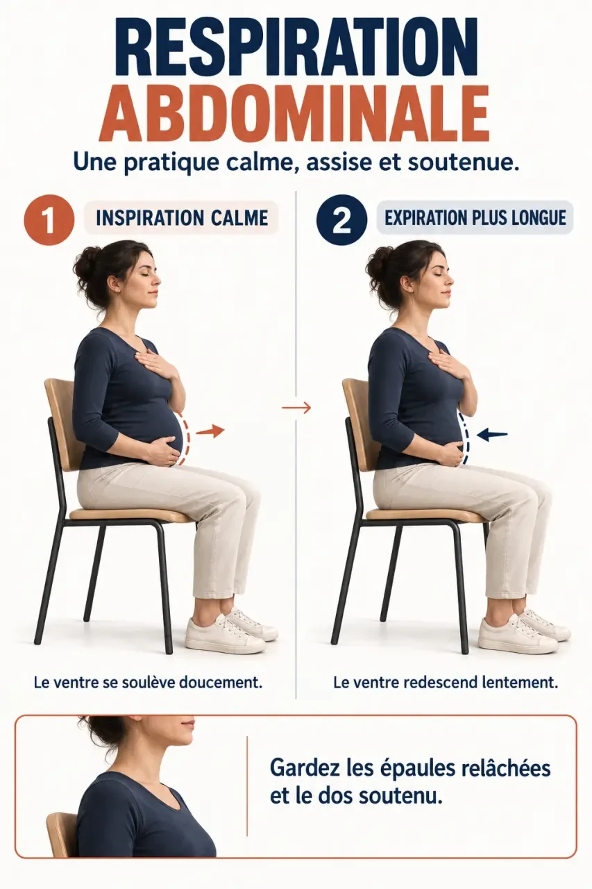 Illustration d’un exercice de respiration abdominale avec inspiration et expiration lente