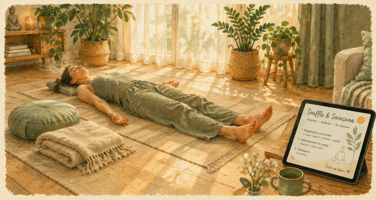 Feel good yoga en savasana lente, relâchement total dans un salon calme