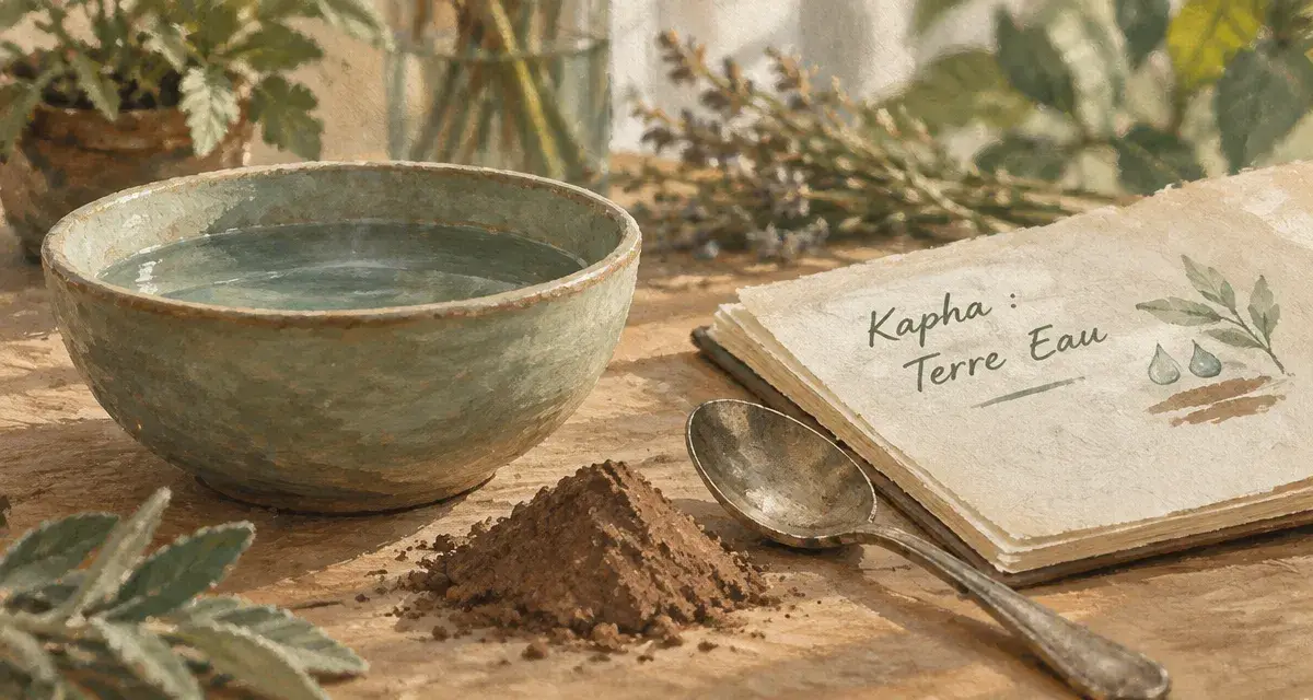 Kapha ayurveda : eau tiède et terre fine sur une table, stabilité