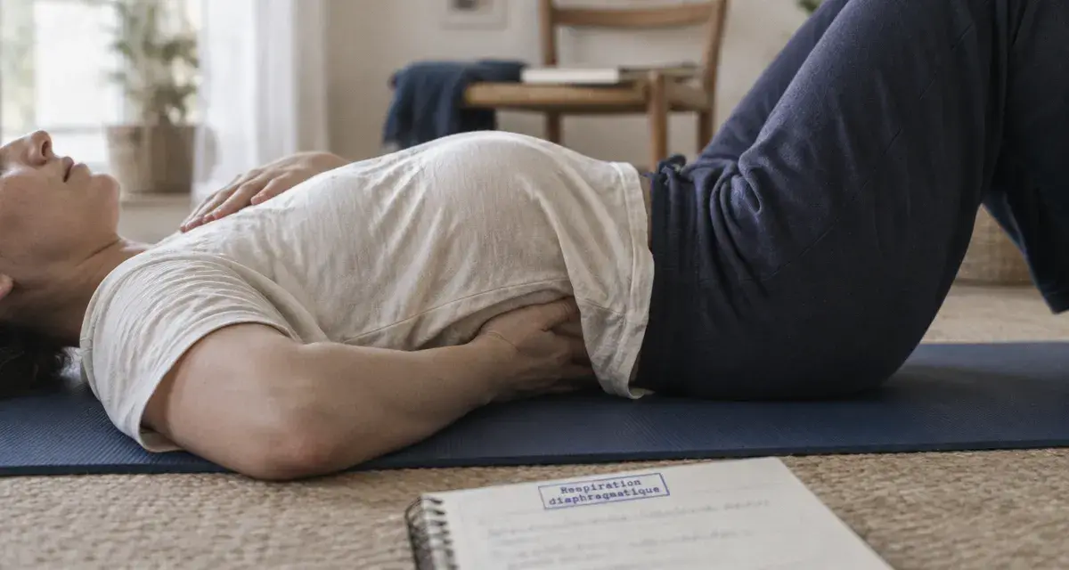 Respiration diaphragmatique : main sur les côtes, flancs qui se soulèvent doucement