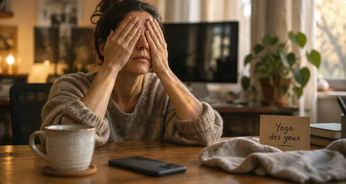 Yoga des yeux 5 minutes : soulager la fatigue visuelle, yeux fermés en palming