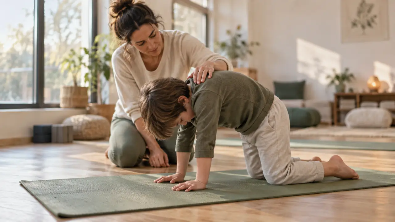 Yoga pour enfants : enfant en posture du chat sur tapis
