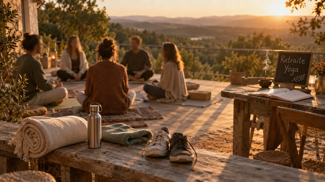 Yoga retraite au golden hour : tapis, gourde et groupe sur terrasse